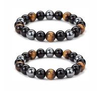 Pack of 2 Tiger's Eye Bracelets, Black Tourmaline Bracelets, Natural Energy Stones Yoga Bracelets, Tri-Colour Natural Stone Bangles, Triple Protection Hematite Bangles, for Men and Women, Gift Father