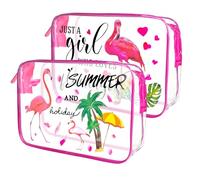 Pack of 2 Transparent Toiletry Bags, Pink Flamingo Cosmetic Bag, Liquid Bag, Hand Luggage, with Zip, 2 Beautiful Patterns, for Holiday, Travel, Bathroom, Bright Pink, pink theme