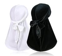 Pack of 2 Velvet Durags for 360 Waves, Silky Do Rag Durag Head Wrap with Extra Long Tail and Wide Straps for Men and Women, Black+white, 1 stück (2er Pack)