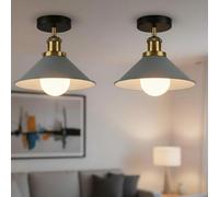Pack of 2 Vintage E27 Flush Ceiling Lights 22cm Grey Conical Lampshade Easy Fit Premium Quality Metal Semi Flush Mount Industrial Light Fittings for Bedroom, Kitchen, Dining Room With EPC A+ Bulb