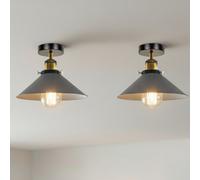 Pack Of 2 Vintage Industrial Ceiling Light Flush Mount Retro Lamp With 22Cm Grey Cone Shade E27 For Indoor Easy Fit Anti Rust