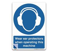 Pack of 2 Wear Ear Protectors When Operating This Machine Sign, A5 210x148mm, LAMINATED Self-adhesive Vinyl Sticker, PPE Mandatory Health and Safety Signs