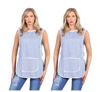 Pack Of 2 Women’s Check Tabard Aprons with Pockets - Poly Cotton Cleaning Catering Kitchen Bar Salon Workwear - Unisex Adjustable Side Button Tunic Apron Plus Size Royal Blue S