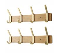 Pack of 2 Wooden Hook Rack with 4 Gold / Brass Finish Steel Hooks - Modern Wall-Mounted Coat & Towel Rack, Strong Metal Decorative Hanger for Bathroom, Kitchen, Bedroom & Entryway - Natural Wood