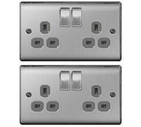Pack of 2 x BG NBS22G Brushed Steel/Satin Chrome Twin Switch Sockets - 13amp