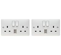 Pack of 2 x Hager WMSS82USB 'Sollysta' Switch Sockets Outlet 13 Amp with 2 x USB Sockets