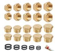 Pack of 20 blanking plugs, water pipe, external thread and internal thread, 5 sizes, 1/8 1/4 1/2 3/8 3/4 inch with 10 sealing rings, brass sealing plug for garden water pipe