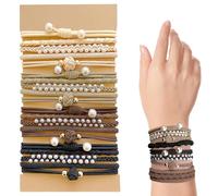Pack of 20 Boho Hair Ties, Boho Hair Bobbles for Women and Girls Stretch Ponytail Holders with Pearl Elastic Hair Ties Bracelets for Thin Hair/Thick/Medium/Long Hair(Brown)