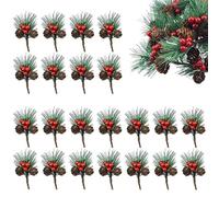 Pack of 20 Small Artificial Pine Branches with Berries and Pine Cones, Pine Cones Red Berry, Berry Branches Pine Cones, Christmas Pine Branches for Christmas Wreath and Garland DIY Tree Decoration