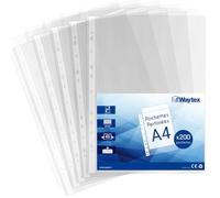 Pack of 200 A4 Transparent Perforated Pockets 40 Microns - Grained Plastic Sleeves for 2 3 4 Ring Binder - Top Opening - Capacity 20 Sheets