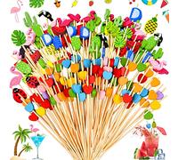 Pack of 200 Cocktail Picks Wooden Toothpicks, Cocktail Sticks Colourful, Cocktail Accessory Decoration Set, with Heart, Watermelon, Pineapple, Pink Flamingo, Cactus, Good for Bar, Party, Children