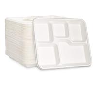 (Pack of 200) ECONX Bagasse 5 Compartment Food Tray Plate 100% Compostable Plates Disposable Sugarcane Paper Trays for Restaurants, Parties, Events