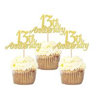 Pack of 24 13 Anniversary Cupcake Toppers Glitter "Happy 13th Anniversary" Cake Toppers Number 13 Eightteen Sweet 13 Birthday Wedding Anniversary Party Cake Decorations Accessories Gold