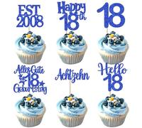 Pack of 24 18th Birthday Cake Decorations EST 2008 Cupcake Toppers Glitter Eighteen Happy Birthday 18 Cake Decoration for Cheers on 18th Year Anniversary Party Cake Decorations Blue