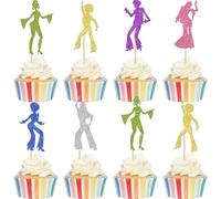 Pack of 24 70's Disco Cake Decoration Glitter 70s Disco Dancing Cupcake Toppers Music Theme Cake Decoration for Disco Dancer Theme Wedding Birthday Party Cake Decorations Colourful