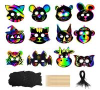 Pack of 24 Animal Scratch Pictures Masks for Children Magic DIY Art Scratch | Rainbow Scratch Paper Masks Craft Sets for Halloween Christmas Gift Children's Birthday Games Party Bag Fancy Dress