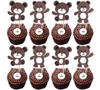 Pack of 24 Bear One Cupcake Decorations Glitter Bear Cake Decoration Cute Animal Cake Decoration for Children First Birthday Party Cake Decorations Brown