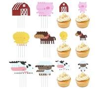 Pack of 24 Cardboard Cupcake Toppers, Farm Animal Design, Animal Cake Decoration for Birthday, Children's & Baby Shower, Farm Themed Party Decor