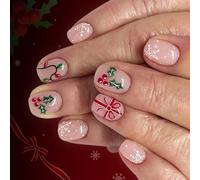 Pack of 24 Christmas Snowflake Fake Nails with Green Leaves Artificial Nails Easy Application for Holiday Parties Pin Decals Glitter Snowflake Press on Pins