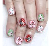 Pack Of 24 Christmas Square Fake Nails With Elegant White Redness Bows Design For Party Gift Sweet Glitters Detail Manicure Art Short Square Press On Nail ABS