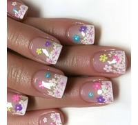 Pack of 24 Colourful Flowers False Nails Beautiful Artificial Full Covers Stick On The Middle Squares