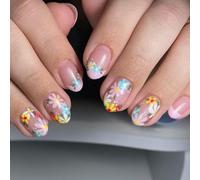 Pack of 24 Elegant Short Almond False Nails with French Tips and Blooms Oval Acrylic Full Cover on Nails for Oval Acrylic Nail Glue