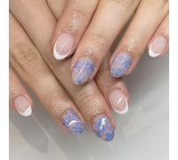 Pack of 24 Fake Nails White French Blue Floral Glossy Short Oval Shape False Nails with Shimmering Finish ABS Build White French Blue Flower Scintillate False Hoofs