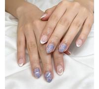 Pack of 24 Fake Nails White French Blue Floral Glossy Short Oval Shape False Nails with Shimmering Finish ABS Build White French Blue Flower Scintillate False Hoofs