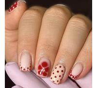 Pack Of 24 French Oranges Brown Polkas Dot Florals Glossy Short Square False Nails Elegant Design ABS Materials Comfortable Fit For Parties Daily Wear Natural Nail Friendly Press On Nail