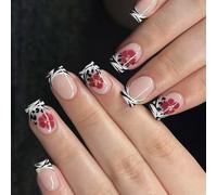 Pack of 24 Glitters Black Stripe and Red Floral Art Autumn Winter Party with Multiple Sizes False Black Red French Tip Design