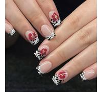 Pack of 24 Glitters Black Stripe and Red Floral Art Autumn Winter Party with Multiple Sizes False Black Red French Tip Design