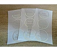 Pack of 24 Happy Christmas Stickers, Bright Shiny Silver on Clear Transparent - Labels for Cards, Festive Craft and Decoration