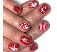 Pack of 24 Holiday Glitter Artificial Nails, Red Snowflake Pattern, Square Tip, Non-Toxic Nails, Art for Christmas Parties, Events, Christmas, for Pressing Nails Short