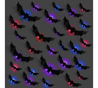 Pack of 24 Large Black Bats LED Lights Stickers Halloween Decoration 3D Bat Wall Sticker Colourful LED Decorative Lighting Night Light for Wall Window Door Party Accessories Indoor and Outdoor