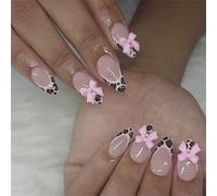 Pack of 24 Leopards Print French Bows False Nails Blue Star Designs Glossy Press on for Parties Music Festivals French Tip False