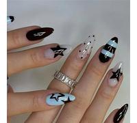 Pack of 24 Light Blue Striped Star-Shaped Dotted Medium Almond False Nails Shiny Surface Non-Toxic Artificial Nails for Parties Daily Wear Manicure Blue Star Pattern Nails