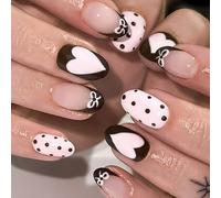 Pack of 24 Matte False Nails Round Shape Comfort Fit with Heart Dots Bows Design for Party & Wedding Nails Art Set Shimmering Heart & Matte Finish