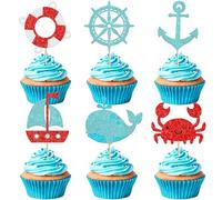 Pack of 24 Nautical Cake Decorations Glitter Dolphin Crab Sailboat Cake Decoration Zebra Marine Theme Cupcake Toppers for Baby Shower Children Birthday Party Cake Decorations Light Blue