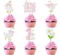 Pack of 24 One Silly Goose Cupcake Toppers Gübsch Geese Cake Decoration Glitter Goose Cake Decoration for Birthday Party Cake Decoration White Light Pink