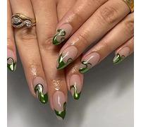 Pack of 24 Press On Nails Almond Short, Green Wave Lines, French Artificial Nails, Oval False Nails for Sticking with Nail Glue Sticker, Acrylic Fingernails Fake Nails for Women
