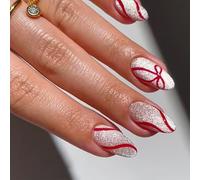 Pack of 24 Press On Nails with Holiday Motif, Line Pattern, White, Perfect for Parties, Manicure, Quick Change Artificial Nail for Busy Women