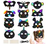 Pack of 24 Scratch Pictures Masks for Children, 12 Animals Scratch Painting Art Masks, Magic Scratch Masks, Rainbow Scratch Paper Set with 24 Elastic Cords, 12 Wooden Pens for Children's Birthday