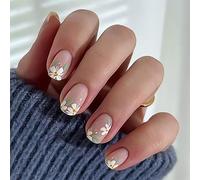 Pack of 24 Squoval Short Artificial Nails - White Flowers Decorated with Leaves on the Fingertips - Full Cover Reusable Fake Fingernails, with Adhesive Nails - Suitable DIY Nail Design for Women