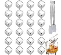 Pack of 24 Stainless Steel Ice Cubes, Reusable Metal Cooling Stones with Tongs and Packaging Box for Drinks for Cocktail Bar Accessories, Wine, Vodka, Liquor, Drink Juice or Lemonade