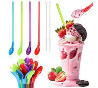 Pack of 24 Straws Spoons, Reusable Straw Spoon with 2 Brushes, 2-in-1 Plastic Multicoloured Straws for Slush, Milkshake, Cocktails