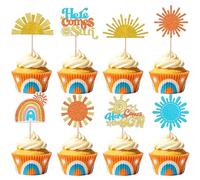Pack of 24 Sun Cake Decorations Glitter Here Comes The Sun Cupcake Toppers Sun Rainbow Pattern Cake Decoration for Birthday Party Cake Decorations