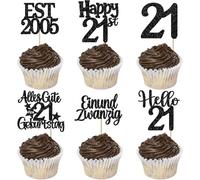 Pack of 24 Twenty-One Birthday Cake Decorations Glitter EST 2005 Cupcake Toppers Happy Birthday 21 Cake Decoration for Cheers on 21 Years Anniversary Party Cake Decorations Black