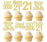 Pack of 24 Twenty-One Birthday Cake Decorations Glitter EST 2005 Cupcake Toppers Happy Birthday 21 Cake Decoration for Cheers on 21 Years Anniversary Party Cake Decorations Gold