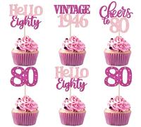 Pack of 24 Vintage 1946 Cake Decorations Glitter Hello Eighty Cheers to 80 Cupcake Toppers 80 Fabulous Cake Decoration for 80th Birthday Wedding Anniversary Party Cake Decorations Rose Red Pink