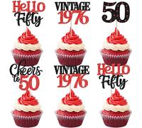 Pack of 24 Vintage 1976 Cake Toppers Glitter Hello Fifty Cheers to 50 Cupcake Toppers 50 Fabulous Cake Decoration for 50th Birthday Wedding Anniversary Party Cake Decorations Black Red